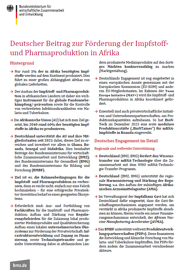 Deutscher Beitrag zur För­derung der lokalen Impf­stoff­- und Pharmapro­duk­tion in Afrika
