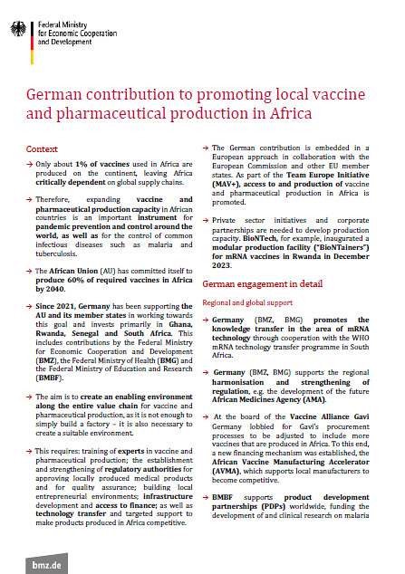 Cover: German contribution to promoting local vaccine and pharmaceutical production in Africa