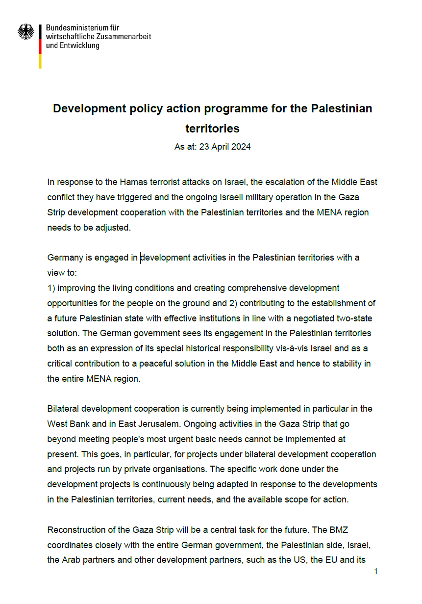 Development policy action programme for the Palestinian territories