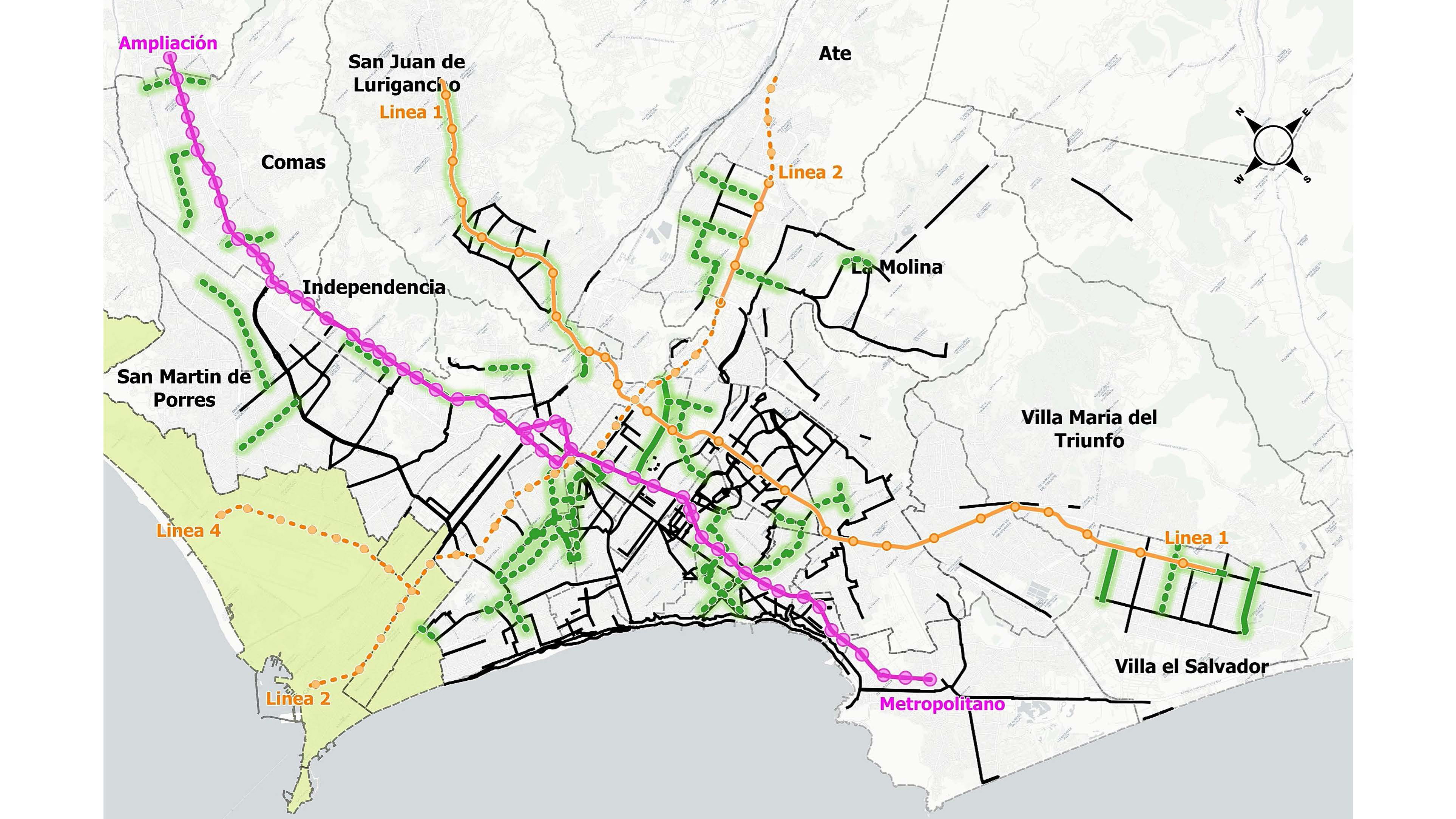 Bestehendes Radwegenetz in Lima (schwarz), mit deutscher Unterstützung fertiggestellte und geplante Radwege (grün/grün gestrichelt), fertige und geplante Metrolinien (gelb/gelb gestrichelt), sowie die Hauptroute des Metropolitano-Busses (lila)