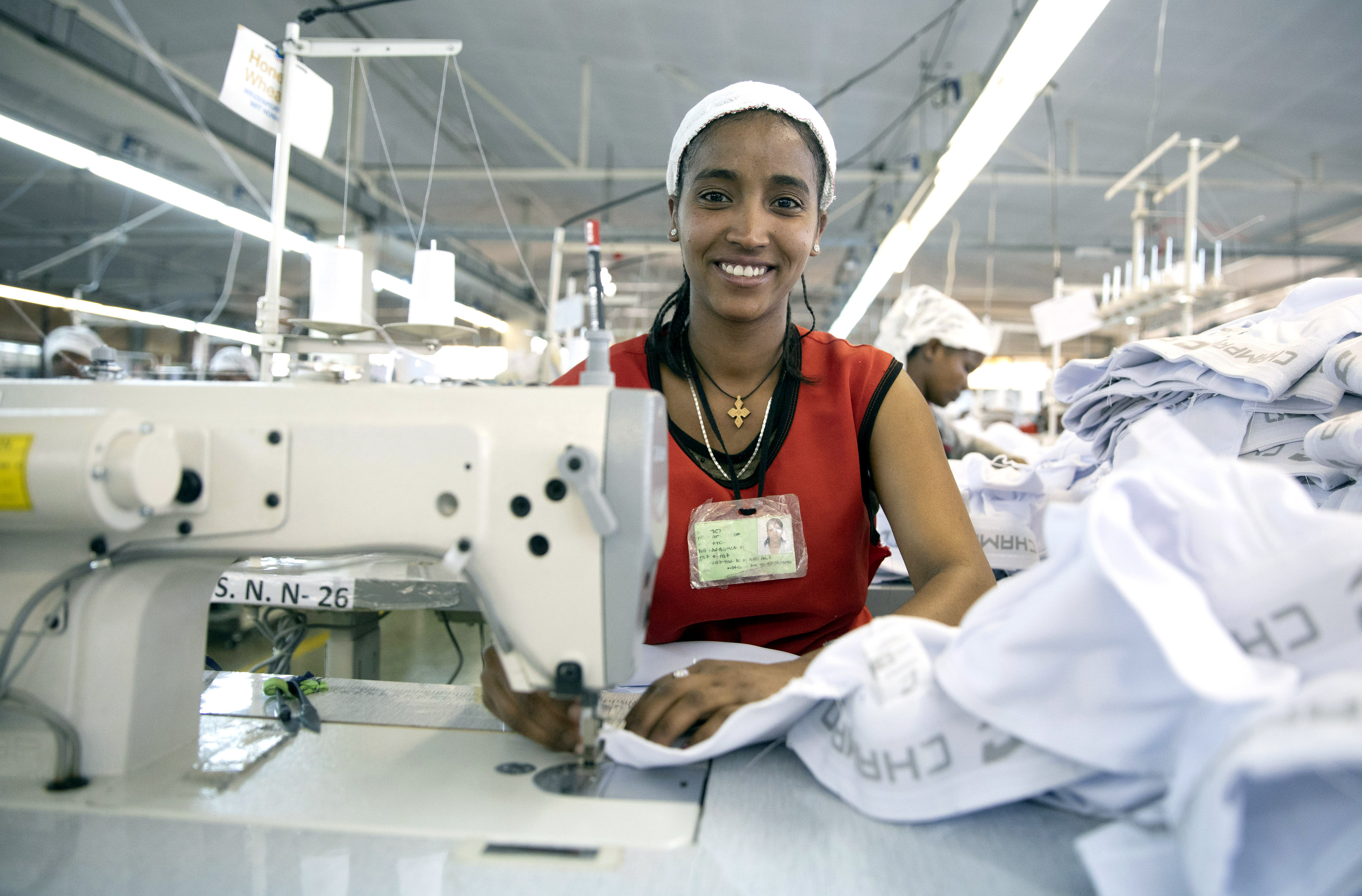 Seamstress in the textile factory of the Desta Garment company in Addis Ababa, which produces for a German retail chain