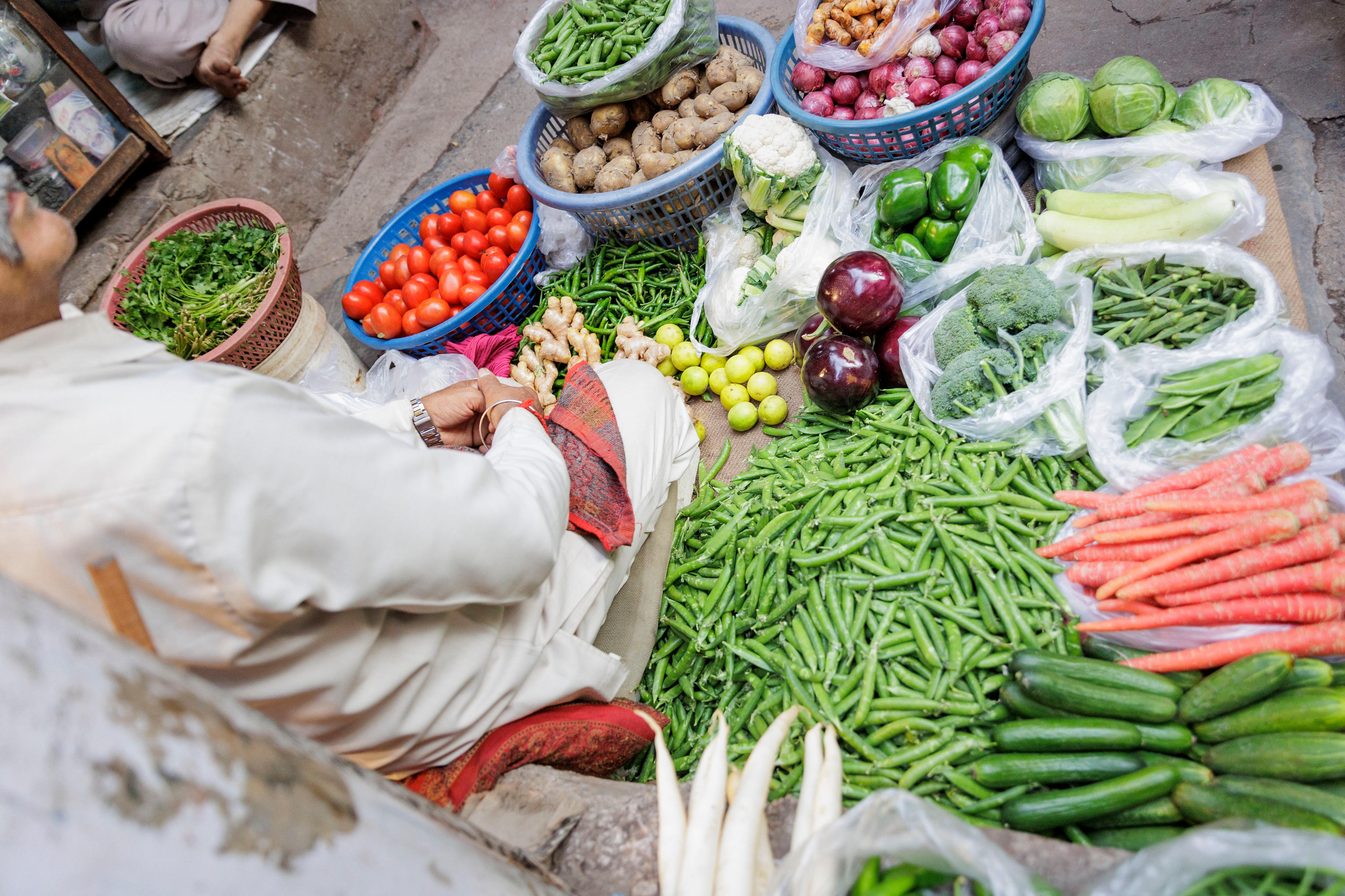 Selling vegetables in the old town of Chandni Chowk in New Delhi