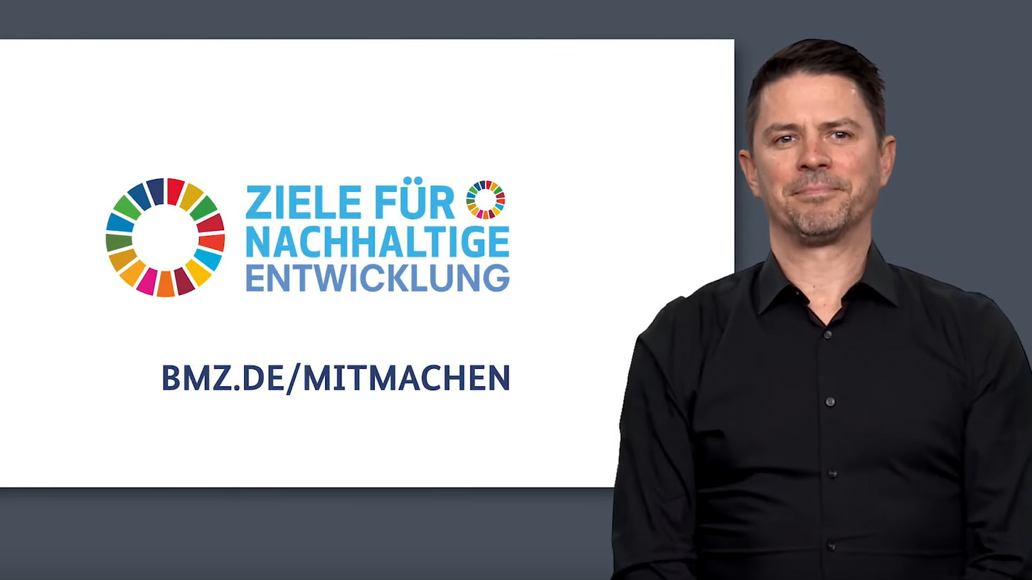 Standbild aus dem BMZ-Video in Gebärdensprache: Halbzeit der Agenda 2030 und die 17 Ziele für nachhaltige Entwicklung