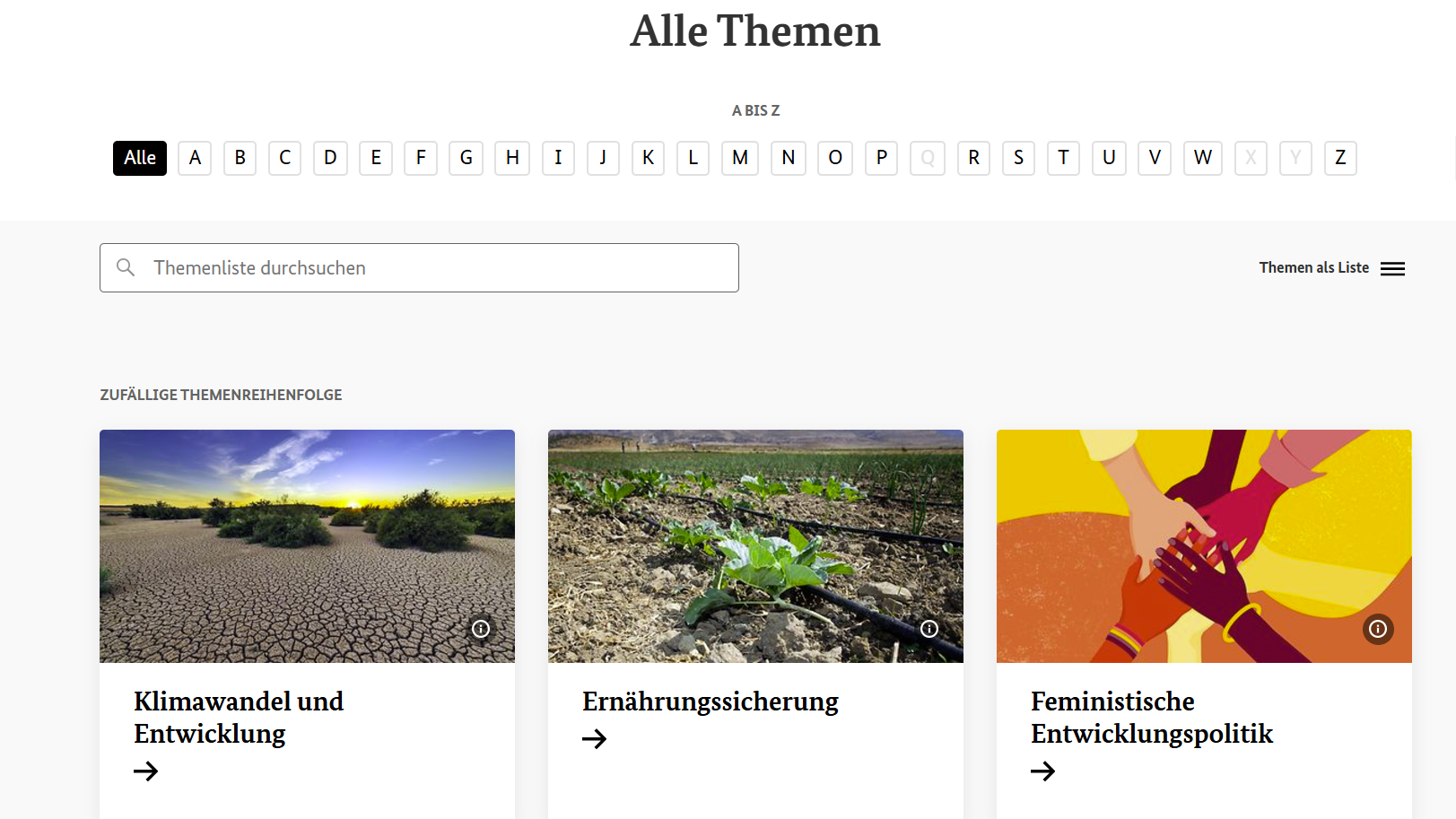 Bildschirmfoto: Einstiegsseite der Rubrik „Themen“ auf der BMZ-Website