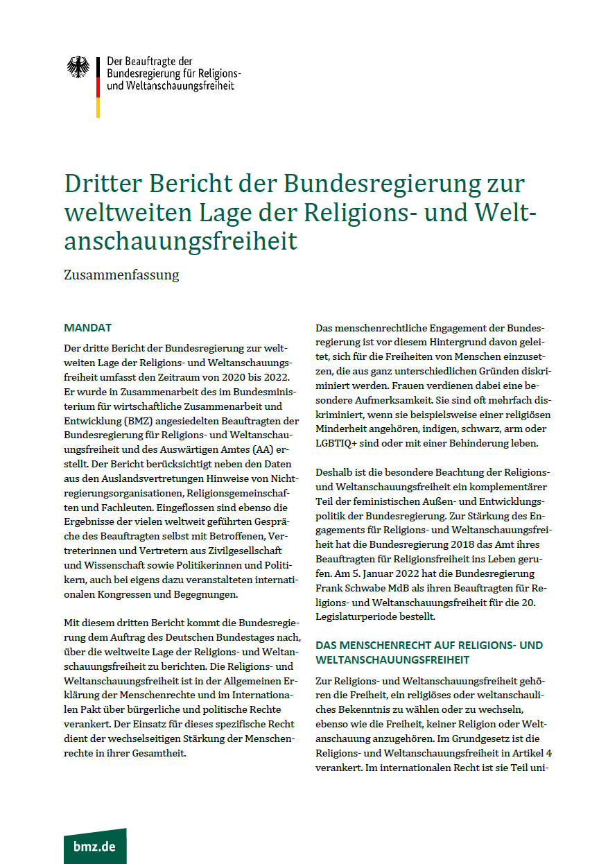 Cover Zusammenfassung: Dritter Bericht der Bundesregierung zur weltweiten Lage der Religions- und Weltanschauungsfreiheit