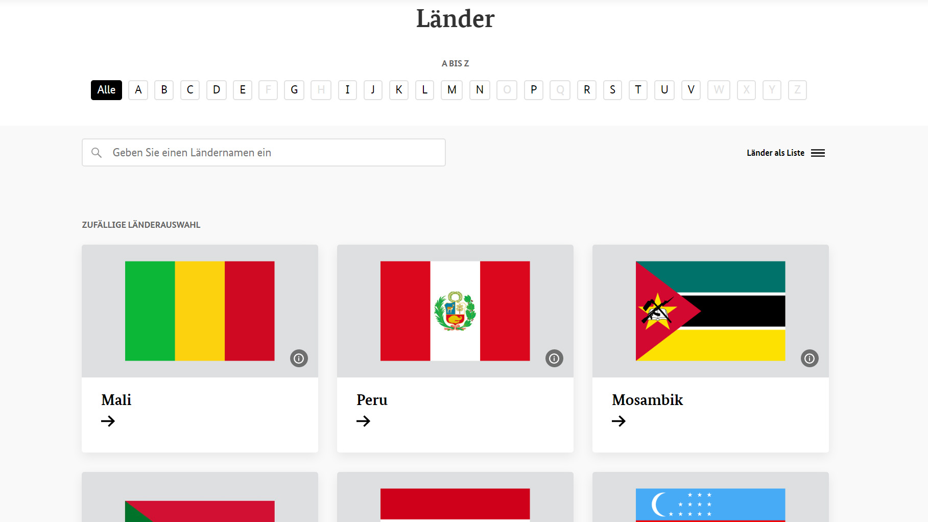 Bildschirmfoto: Einstiegsseite der Rubrik "Länder" auf der BMZ-Website